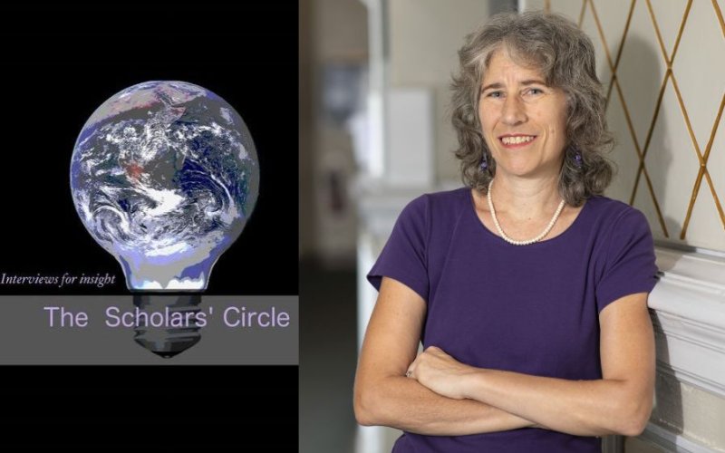 A light bulb with an image of Earth under swirling clouds and the words "The Scholar's Circle" next to a photo of a woman with crossed arms wearing a purple T-shirt and pearls.