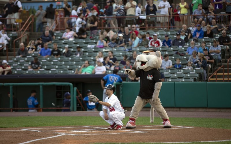  Tri-City ValleyCats mascot Southpaw awaits the first pitch from behind home plate.