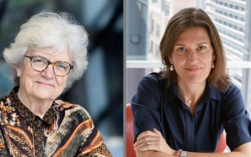 A composite of two headshot photos, the first of Nancy Hopkins and the second of Kate Zernike.