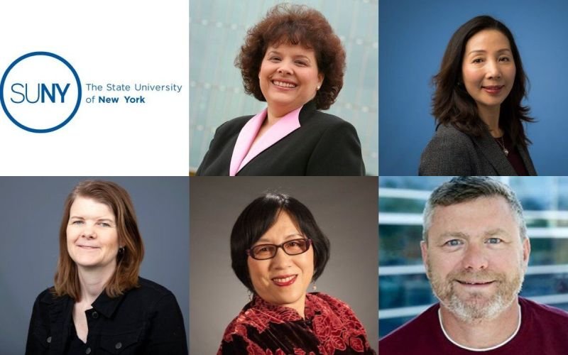 The SUNY logo and headshots of of five UAlbany faculty members