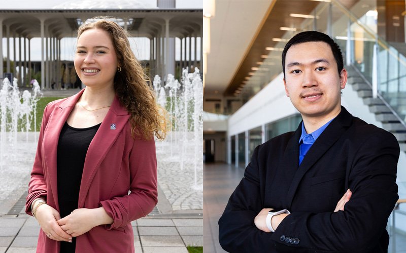 On the left, a portrait of UAlbany student Sophie Coker as she stands in front of the entry plaza fountain. And on the right, a portrait of UAlbany student Addison Yang inside of the Massry School of Business building.