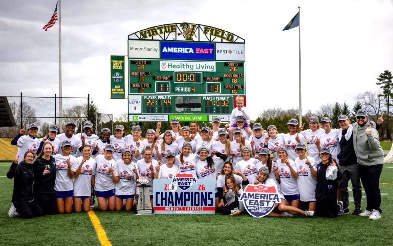 UAlbany's women's lacrosse team celebrates its second straight championship after beating Vermont in Burlington, Vermont.