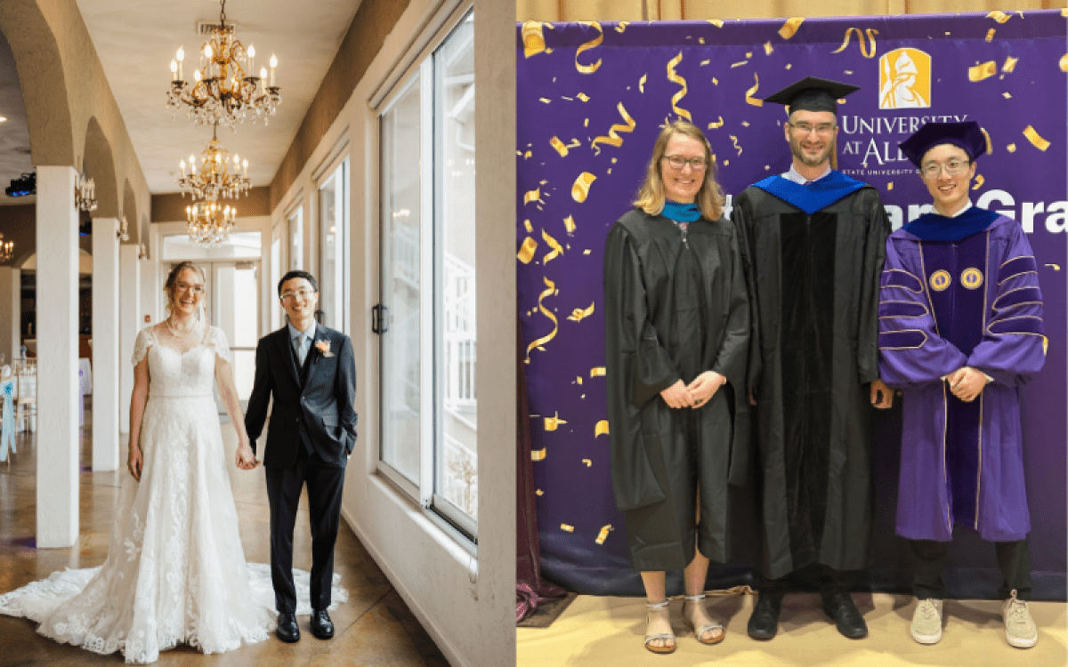 Couple pictured on their wedding day on the left and on graduation day with Professor Brian Greenhill on the right.
