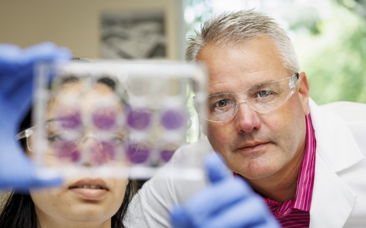 Thomas Begley and a researcher peer through a dish containing purple circular samples of chemicals.