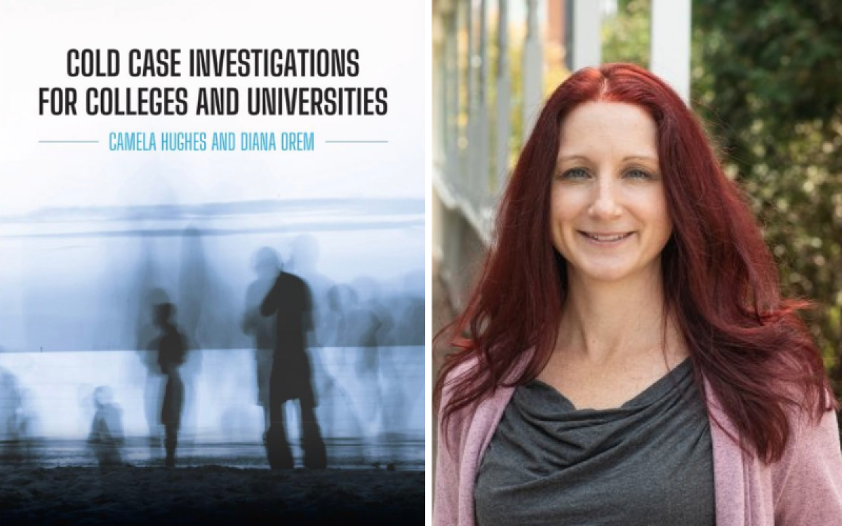 Cover of Cold Case Investigations for Colleges and Universities, alongside a headshot of author Camela Hughes.