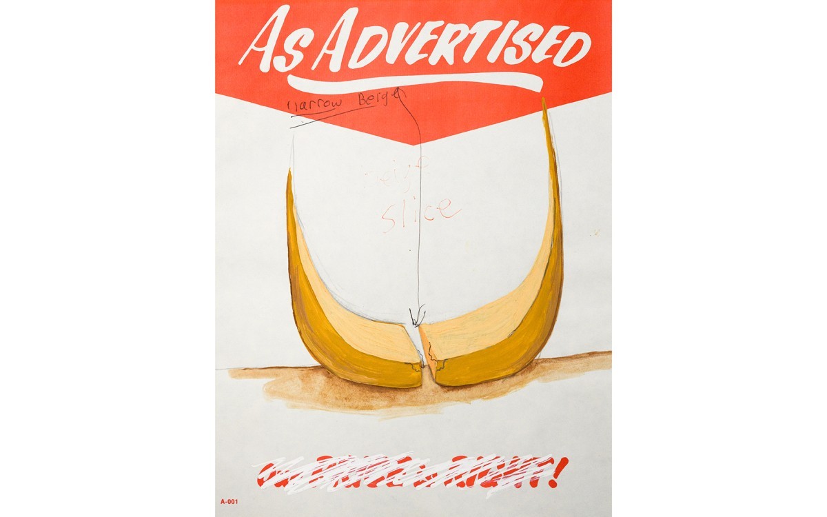 "As Advertised" in white script on red background. Drawing of a yellow sculpture with a slice in the middle.