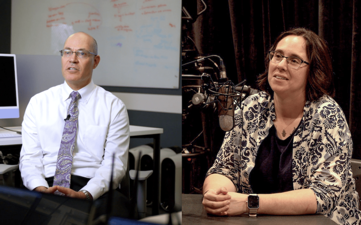 Side by side photos of a man in shirt and tie speaking and a woman speaking into a microphone