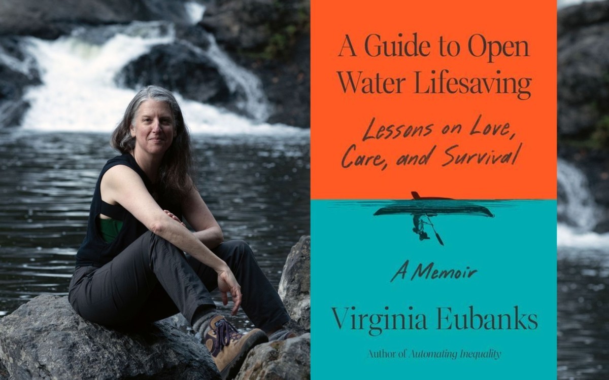 A woman sits on a rock with a stream and waterfall behind her. Inset image" a book cover reading "A Guide to Open Water Lifesaving; Lessons on Love, Care, and Survival. A Memoir. Virginia Eubanks