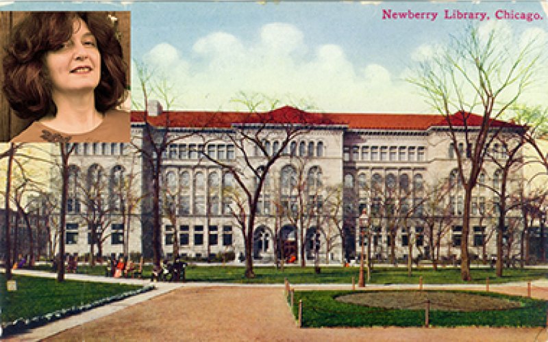 Nancy Newman, in inset upper left, will research the history of the Chicago Musical College this fall at Chicago's famed Newberry Library, depicted here in a 1910 postcard.