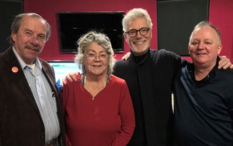 Chet and Karen Opalka pose with actor Stephen Lang and NYSWI Director Paul Grondahl in February at Magic Wig Studios in Colonie, after a voiceover recording session for the Albany Film Festival’s projection mapping project that the Opalkas helped underwrite. (Photo by Justin Maine) 