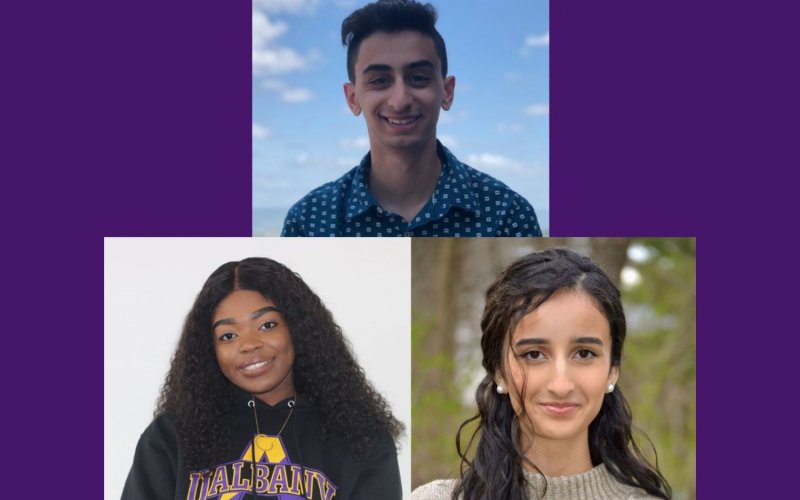 Three photos in a purple background show Andrew Eldiery at top, Chidiogo Igboekwe, bottom left, and Sana Effendi, bottom right.