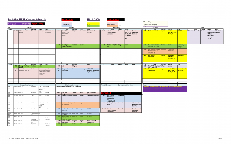 EEPL Fall 2020 (Tentative) Schedule of Classes