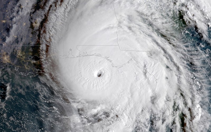 NOAA Satellite image of Hurricane Michael making landfall along the Florida Panhandle in 2018.