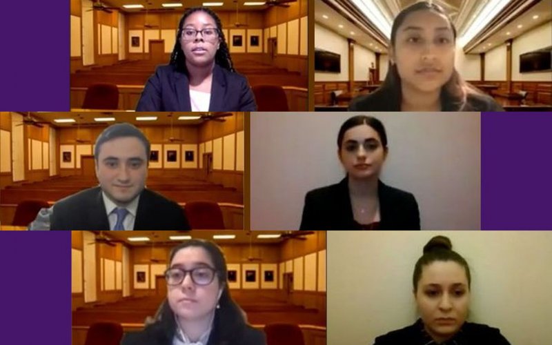 A zoom meeting composite of the heads of six students, posing as lawyers and witnesses during a mock trial
