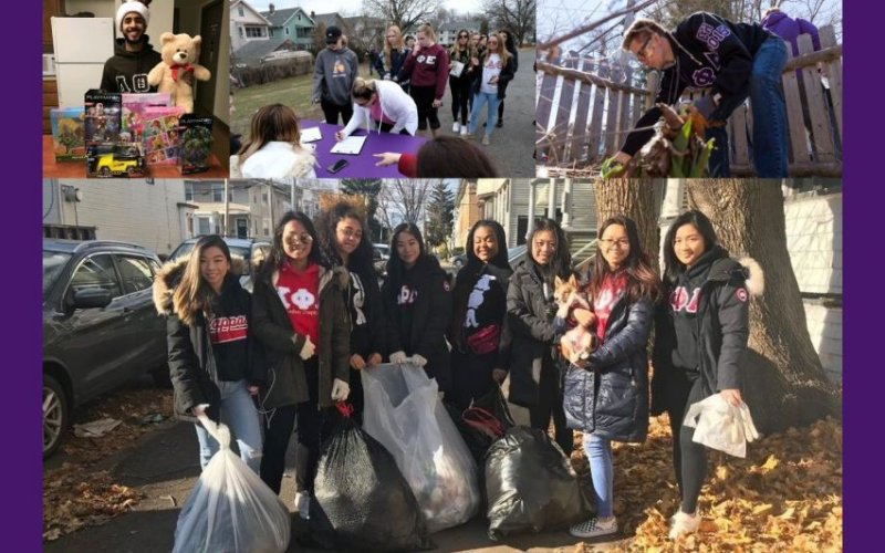 A collage showing fraternity and sorority students doing community service, including neighborhood cleanup and toy drives.