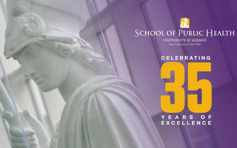 The School of Public Health Logo sits on a purple background. Below it, white text says "celebrating 35 years of excellence", with the 35 large and in gold.