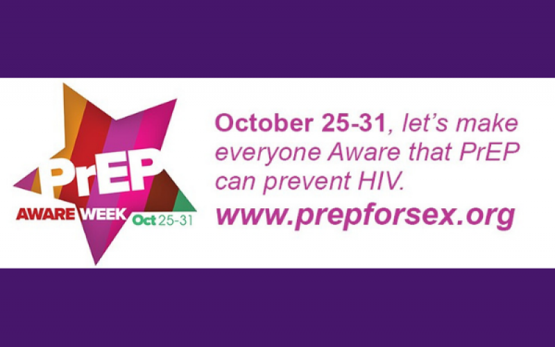 On a purple background, a white banner sits with information about PrEP aware week in bright pink text. The text says "October 25-31, let's make everyone Aware that PrEP can prevent HIV. www.prepforsex.org"