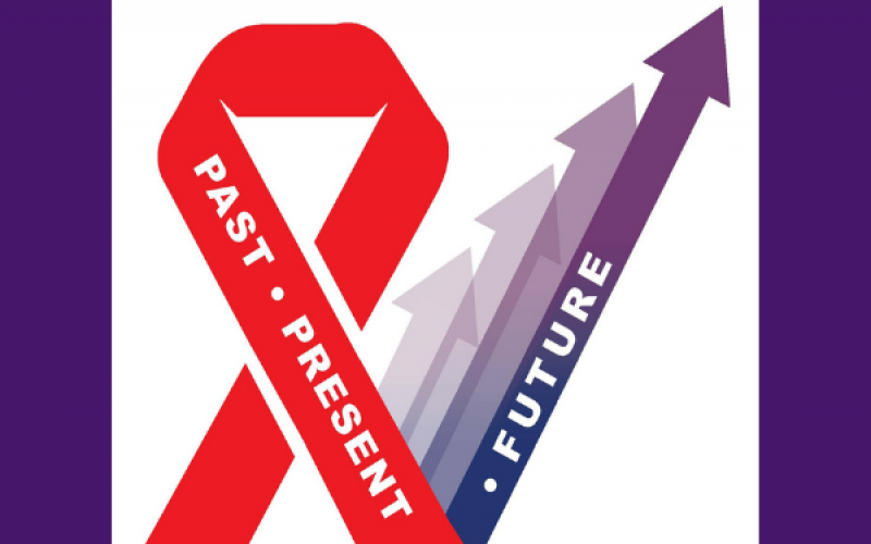 A red ribbon says "Past . Present". Connected to the bottom right of the ribbon is a purple arrow pointing upwards, with the word "future" on it.