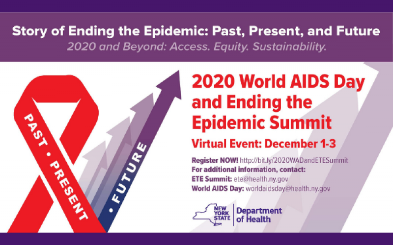 2020 World AIDS Day and Ending the epidemic summit flyer showing theme of the story of ending the epidemic: past, present, and future. A red ribbon shows past and present with an arrow to the future.