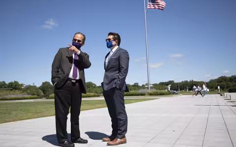 University at Albany President Havidán Rodríguez, left, welcomes new SUNY Chancellor James Malatras to campus in September (Photo by Patrick Dodson).