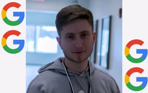 A photo of a young man with short hair wearing in a gray hoodie is bordered by Google logo Gs