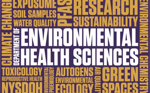 A word cloud includes many words related to environmental health sciences, such as "Green Spaces", "Air Quality", "Climate Change", "Sustainability" and more.