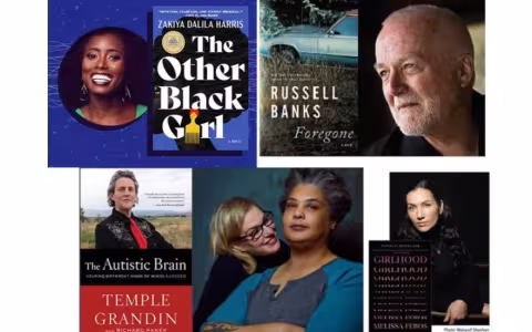 A composite image of books and author headshots