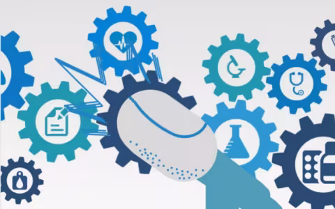 Blue microphone with blue gears surrounding it, inside gears are images of various health related icons. 