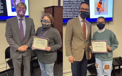 Side by side photos each show a man and a woman, all in facemasks. The men are in suits and the women are holding papers recognizing them as Terra Award winners