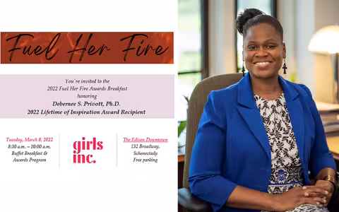 An invitation to a Girl Inc. event honoring Deb Privott, shown at right