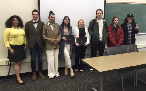 (Pictured, L to R: Jewls Douge, Erik T Jones, Linfeng Li, Jordan Castaldo, Paige Neal, Lakota Levandowski, Mairead Abbenda, Xavier Fitzsimmons Cruz)