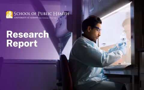 School of Public Health logo; Title- "Research Report"; Image of man in personal protective equipment with a sample.