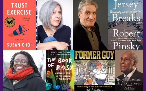 A collage of book covers and author photos includes images of Susan Choi and her novel "Trust Exercise," among others.