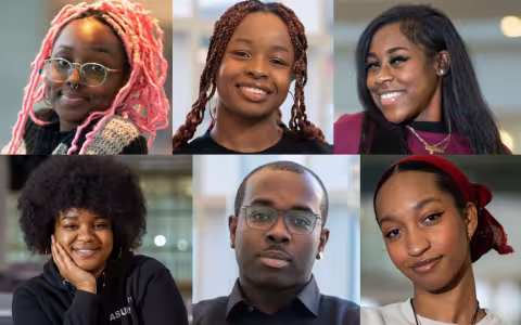 Six headshots of UAlbany student leaders. Clockwise from top left are August, Deborah Hoyte, Sariyah Lewis, Taylor Jordan, Andrew Thomas and Kynesha Milwood 
