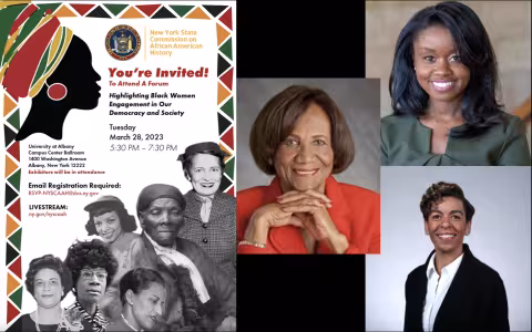 Collage features an event flyer with a silhouette of a woman wearing a colorful head scarf and a collection of famous Black women, alongside event information and three headshots of women.
