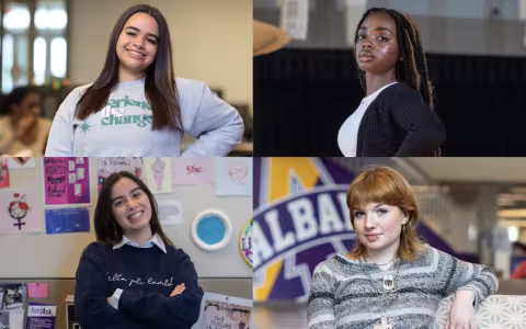Composite image shows four student portraits of young women posing in the Campus Center.