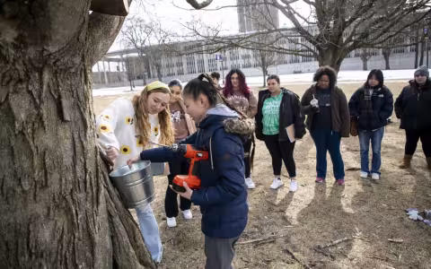 Olivia Dirla and Magnolia Roosa, from UAlbany's Office of Sustainability, demonstrate maple tree tapping for students at Dutch Quad.