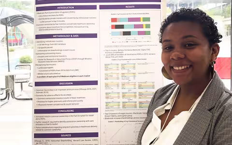Alyssa Kamara smiles in front of a poster. On the poster, headings of white text in purple boxes organize the information. The headings read: "Introduction," "Methodology & Data," "Discussion," "Conclusions," "Sources," and "Results."