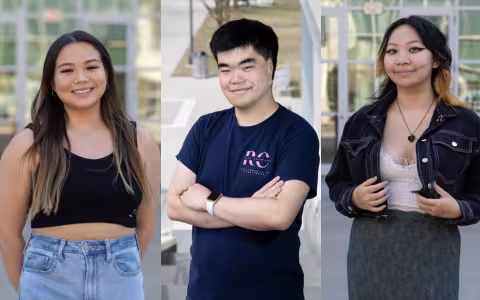 Composite image shows side-by-side portraits of three UAlbany students posing on campus: Kaitlyn Chan, Jeremy Zheng and Jaci Yong.
