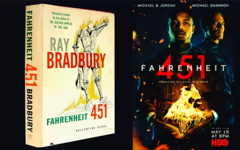 Fahrenheit 451 book cover next to poster for 2018 film