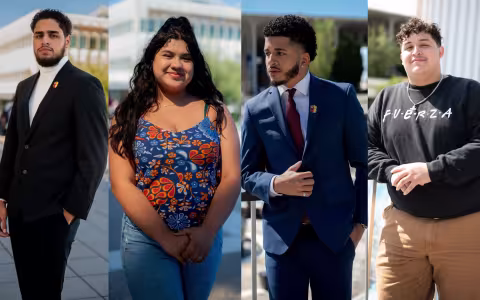 Four standing portraits of Adam Achehboune, Gabriela A. Cruz Hernandez, Denzel Avila and Juan Torres
