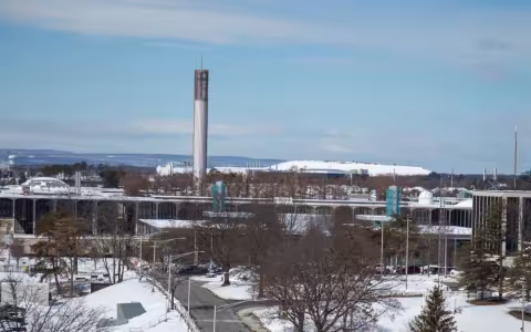 Uptown campus buildings with snow on the ground