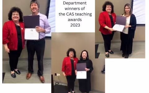 Award winners, Professro Stasi and Instructors Eugene Pae and Audrey Peterson-McCann with Dean Altarriba