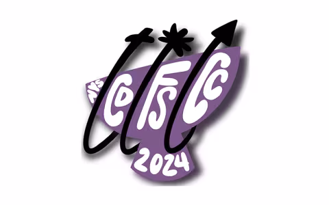 The Capital District Feminist Studies Consortium Conference featuring a light purple outline of Albany's The Egg, featuring decorative black arrows and the letters "NYS CDFSCC 2024" written across the purple in white.