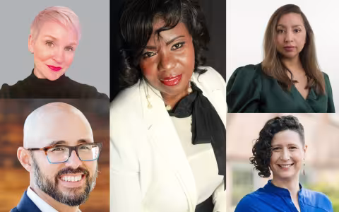 Composite image with five headshots of the featured presenters: Rachel Breidster, a woman with short pink hair and green sweater; Carol Tonge Mack, a woman with shoulder-length curled black hair, white blazer and white top; Aja Martinez, a woman wearing a green V-neck wrap dress and long brown hair; Kristi Clemens, a woman with half shaved head and curly brown hair swept to the left, wearing a bright blue top; Brian Arao, man with short beard wearing brown and teal rectangle-rimmed glasses.