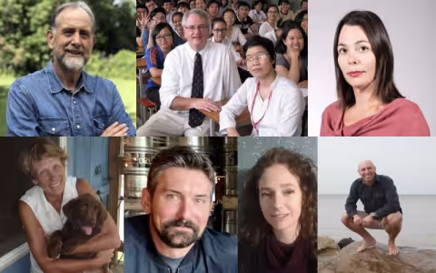 Composite image of seven UAlbany faculty and staff who won Fulbright awards (clockwise from top left: Peter Brandon, Bruce Svare, Joanna Dreby, Christopher Pastore, April Roggio, Ryan Irwin and Carol Rodgers)