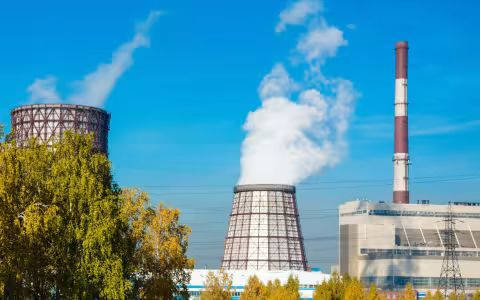 Landscape image featuring two large industrial cooling towers near large nondescript buildings with powerlines and a tall smokestack. Trees are in the foreground and plumes of mist from the towers drift skyward.