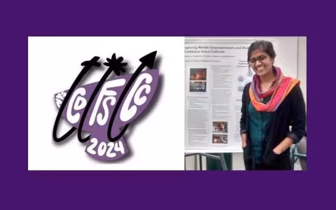 A logo reading CDFSCC 2024 next to an image of a woman in a colorful scarf and black jacket standing in front of a research poster