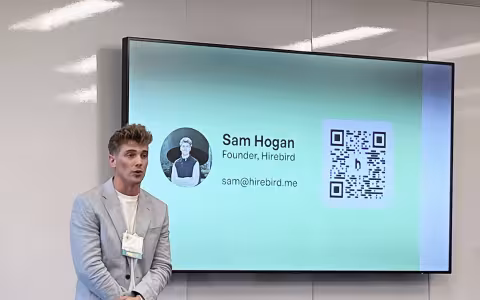 UAlbany MBA student and football player Sam Hogan presents his plan at the NY Business Competition.
