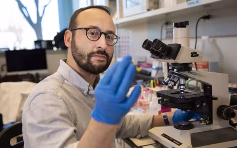 A man with short black hair, beard and black glasses sits in front of a microscope in a laboratory and examines something between two blue-gloved fingers.